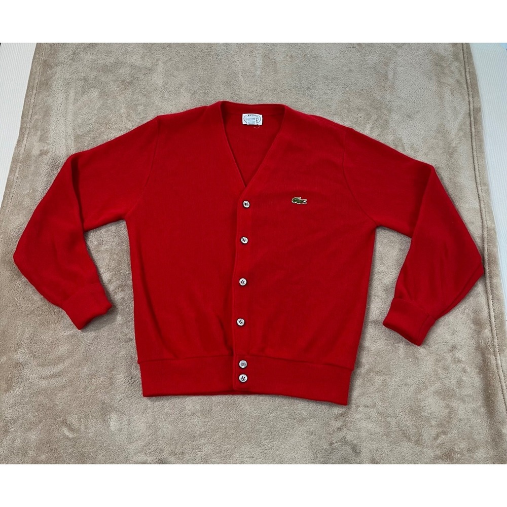 Vintage Izod Lacoste Cardigan Sweater Mens Small Red Acrylic Made in USA EUC